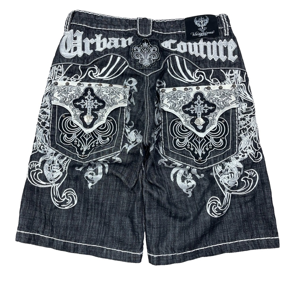 Vintage Y2K Victorious Shorts Men 32 Black Baggy Jorts Embroidered Urban Culture